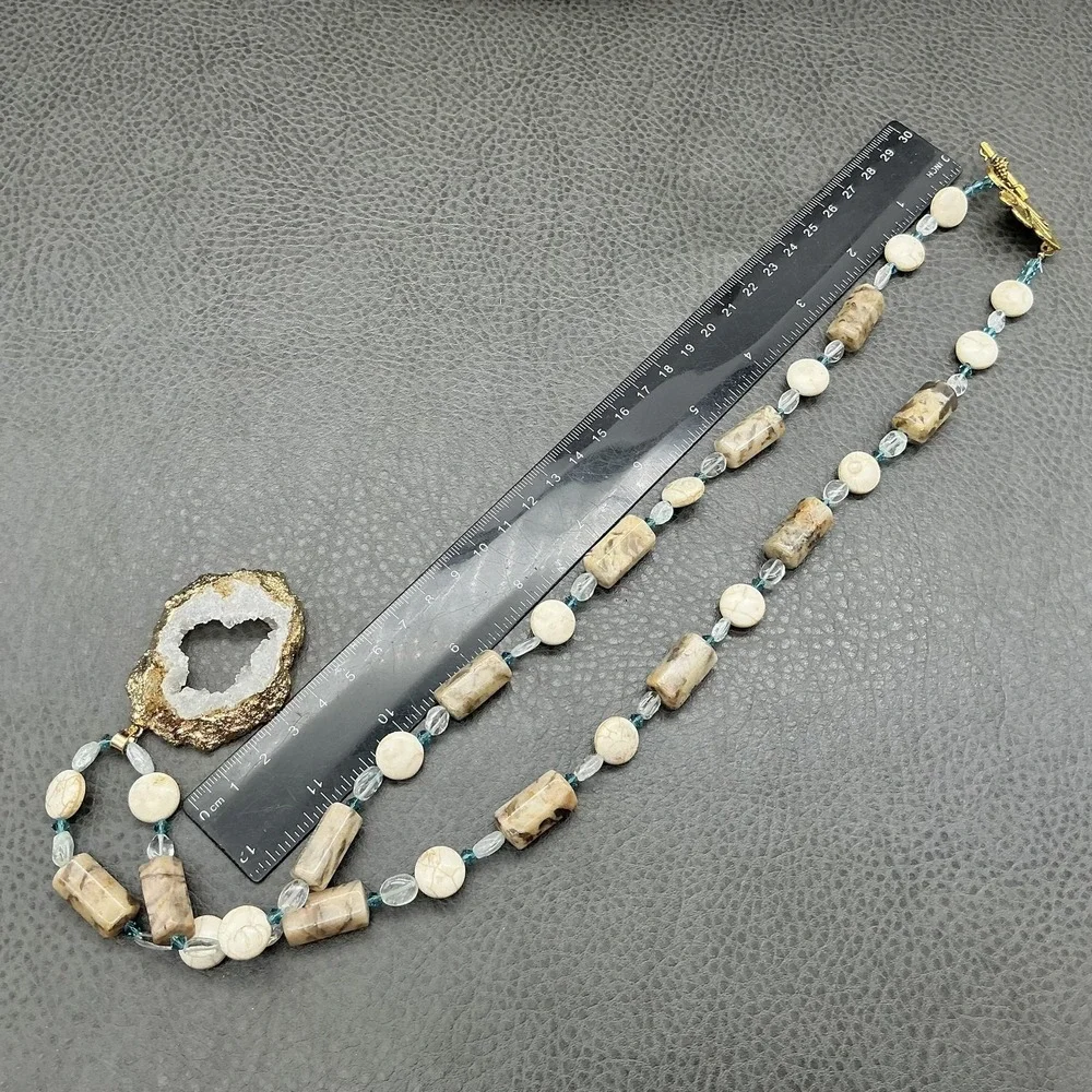 Geode Druzy Quartz Pendant Beaded Necklace Fossil Jasper Aqua Glass Beads Boho